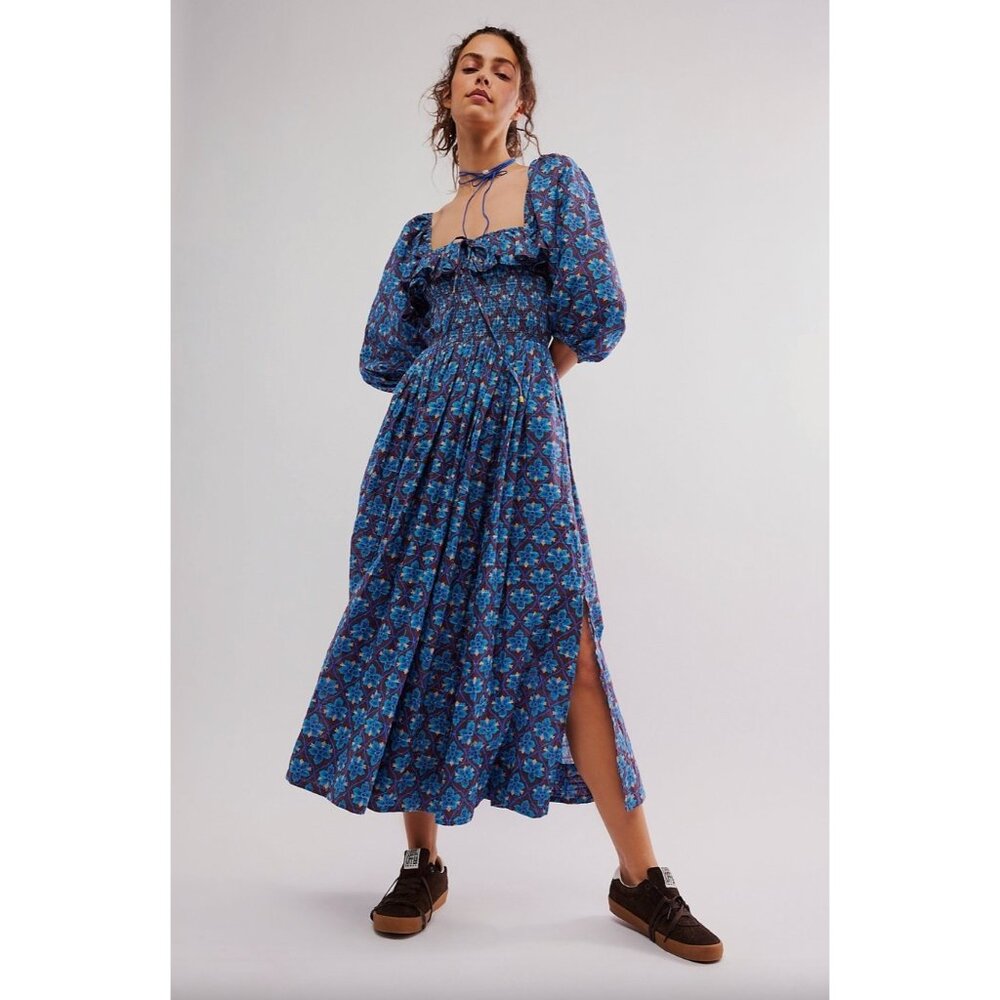 Free People Oasis Printed Midi Dress in French Chocolate Combo Size Small
